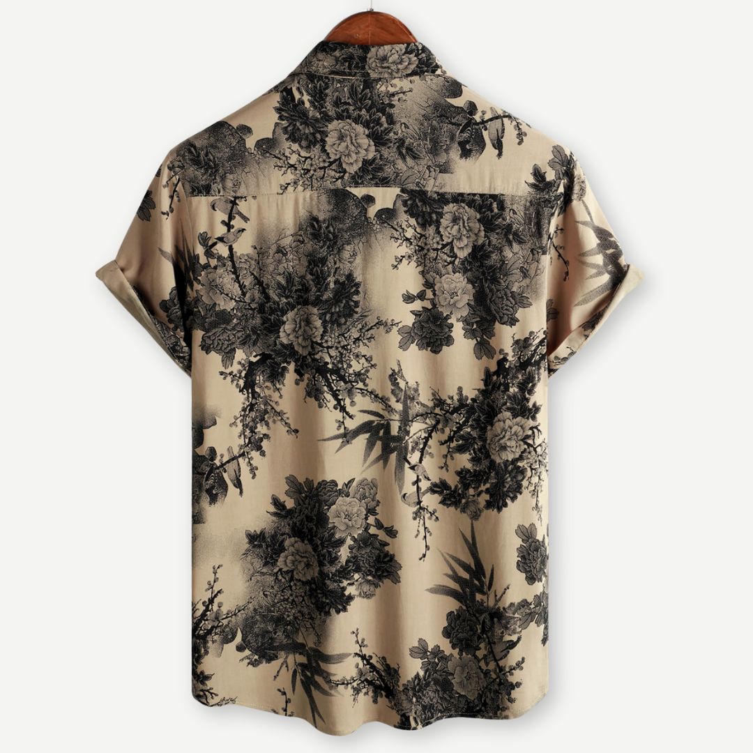 Men's Vintage Floral Resort Shirt - Inkwell Print Short Sleeve Holiday Top