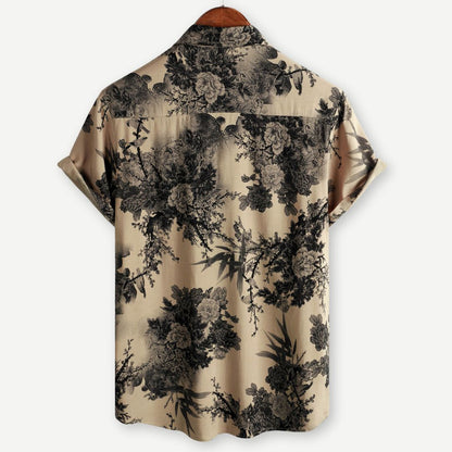 Men's Vintage Floral Resort Shirt - Inkwell Print Short Sleeve Holiday Top