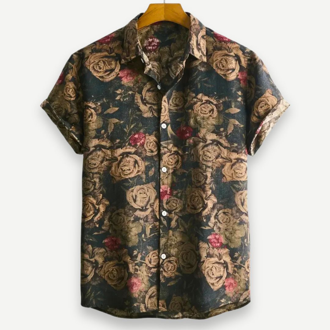 Men's Floral Resort Shirt - Lightweight Gold Print Short Sleeve Holiday Shirt