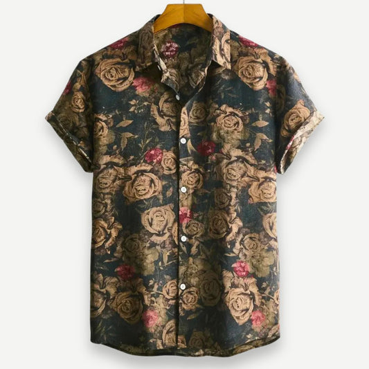 Men's Floral Resort Shirt - Lightweight Gold Print Short Sleeve Holiday Shirt